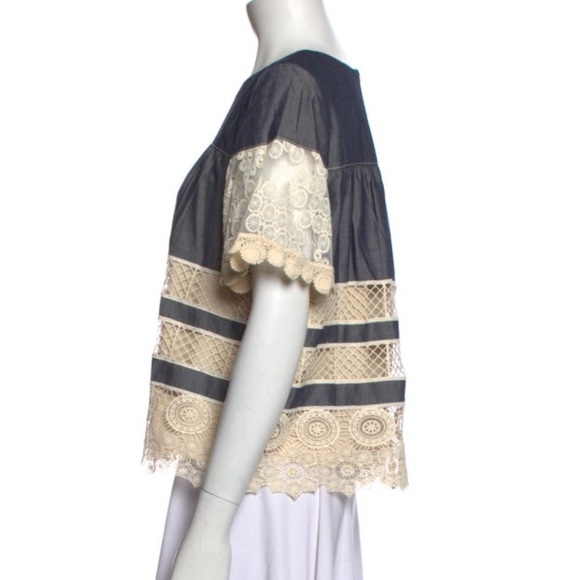 Anna Sui Lace Banded Chambray Short Sleeve Blouse - Picture 4 of 8